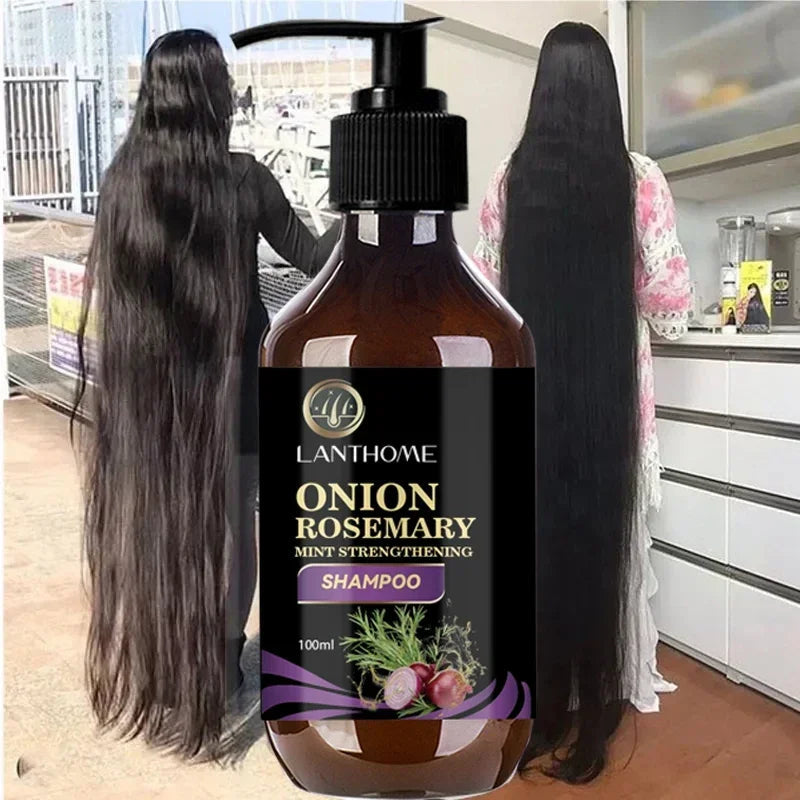 Hair growth thickening shampoo bottle with rosemary and onion illustration
