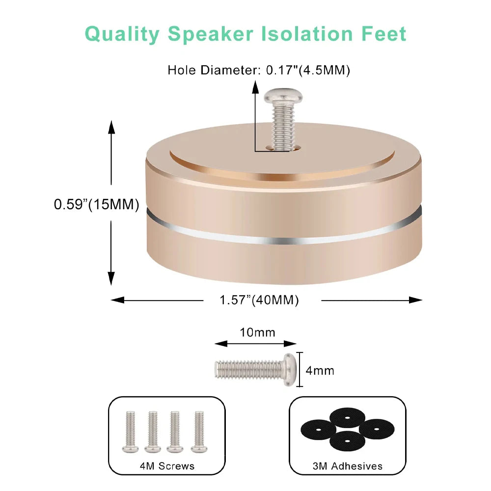 Gold aluminum speaker foot with dimensions 40mm diameter and 15mm height, includes screws and 3M adhesive for easy installation on audio gear.
