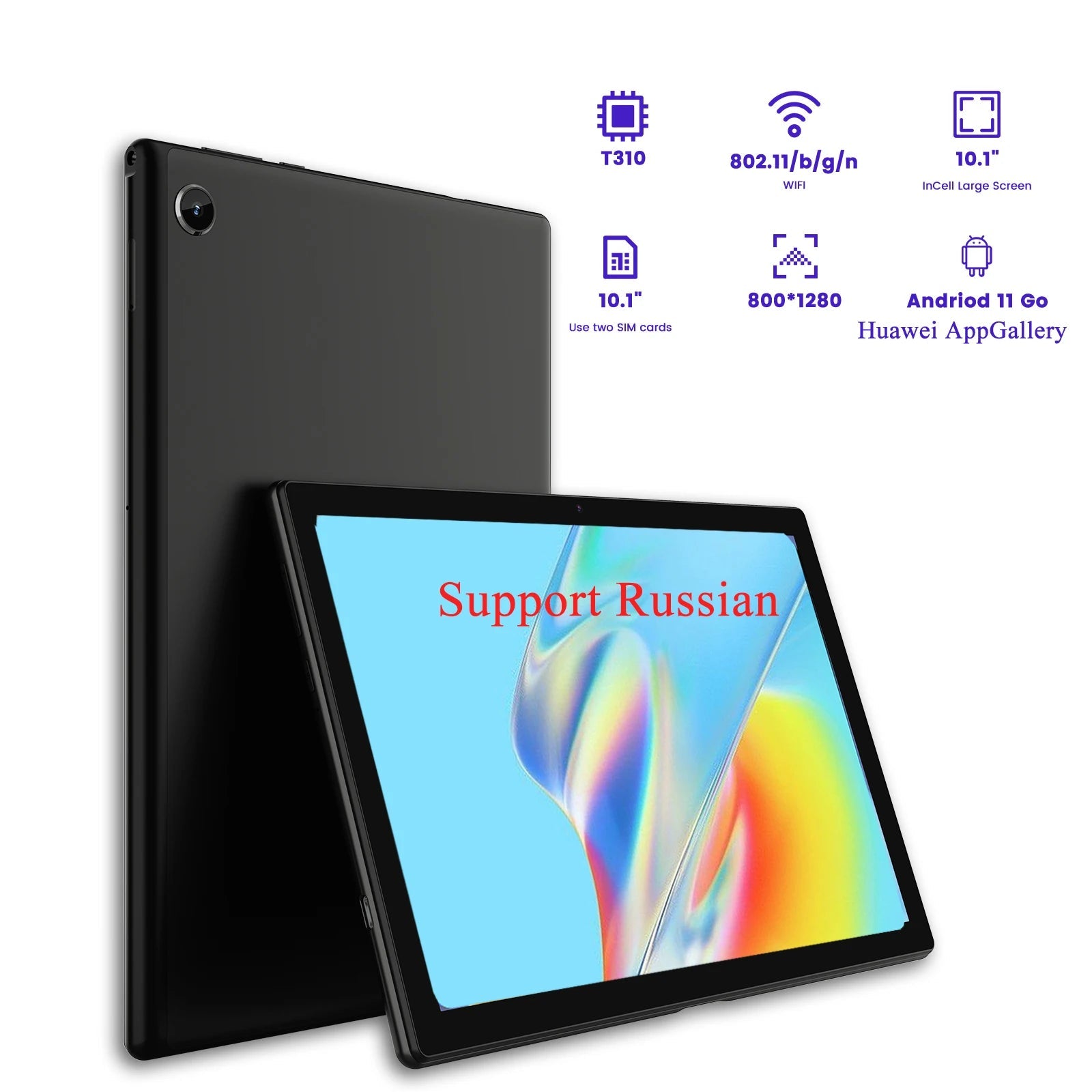 Black tablet with 10.1-inch IPS display, rear camera, and support for Russian language