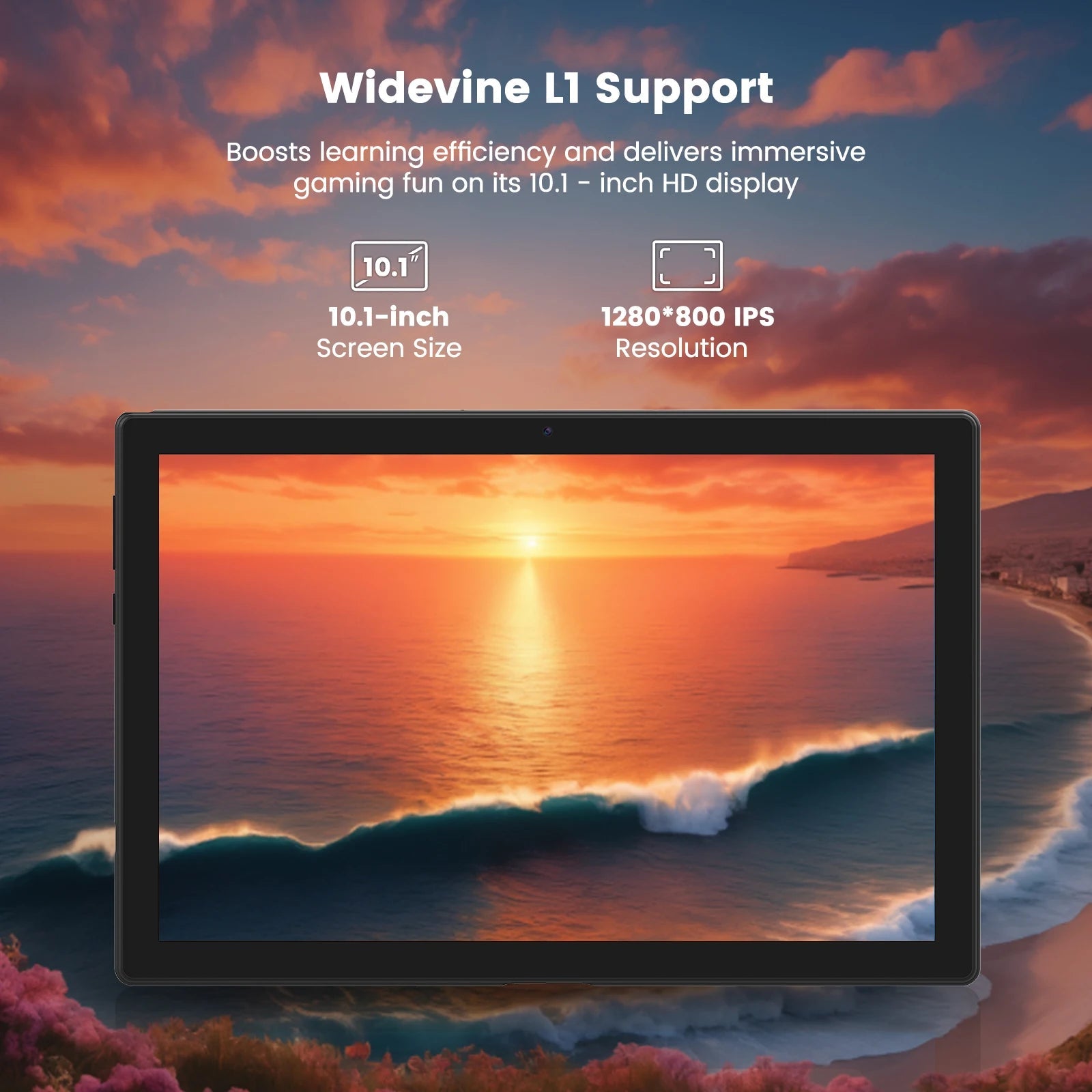 Product display of a 10.1-inch tablet with sunset background