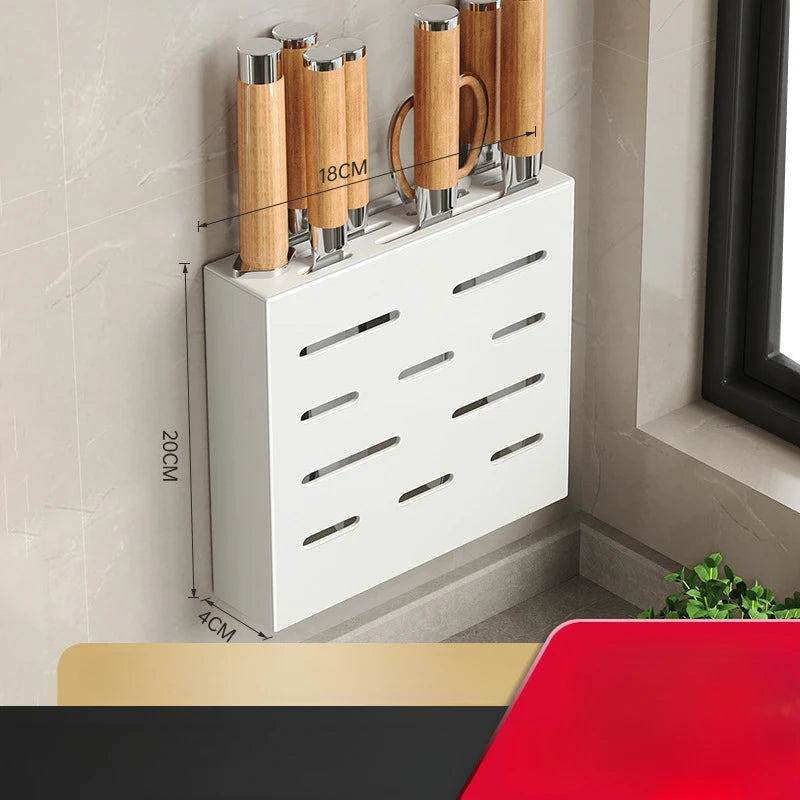 Wall-mounted kitchen knife storage box with wooden knife holder, modern kitchen accessories organizer