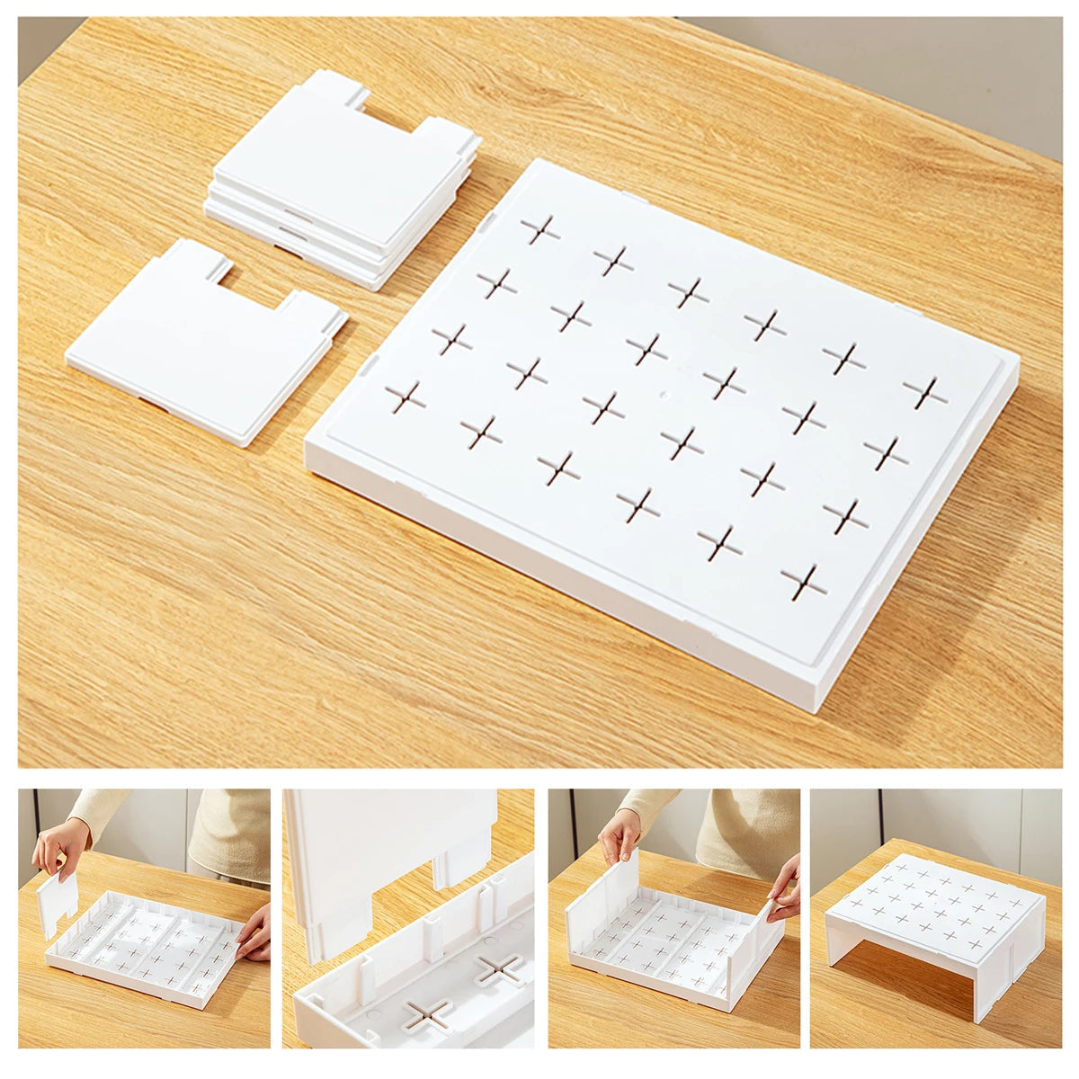 Stackable plastic kitchen storage rack with cross slots