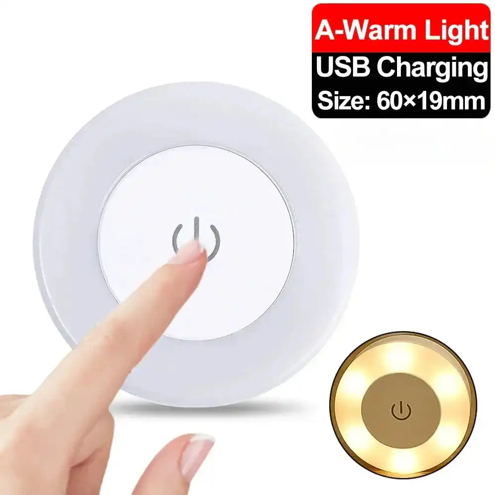 White circular LED night light with touch control and warm light, USB rechargeable, ideal for bedroom and living room decor