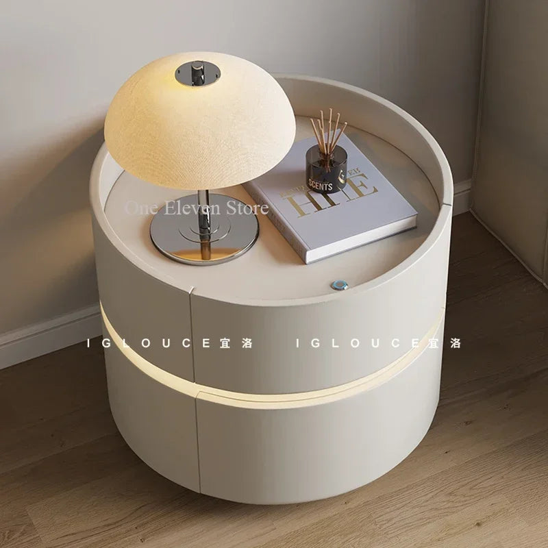 Modern white nightstand with built-in LED light, bedside table with drawers, home wood Nordic cabinet for bedroom decor