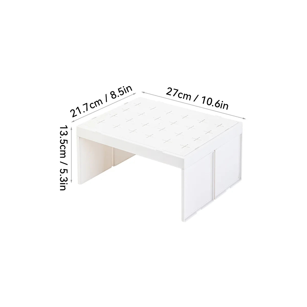 White stackable kitchen storage rack with dimensions