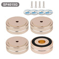 Set of 4 gold aluminum speaker isolation feet with non-slip rubber rings and 3M adhesive pads, ideal for audio equipment and amplifier support.