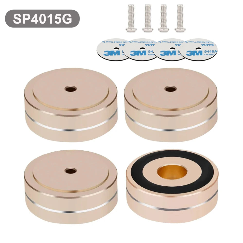Set of 4 gold aluminum speaker isolation feet with non-slip rubber rings and 3M adhesive pads, ideal for audio equipment and amplifier support.
