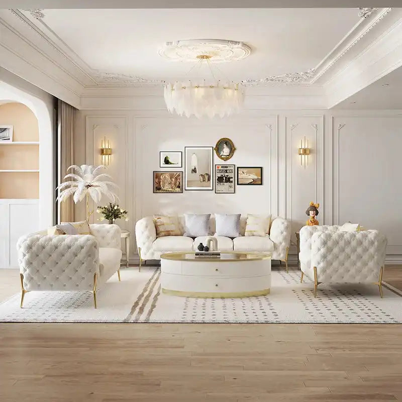 Modern Luxury Leather Sofa in an elegant living room setting with stylish decor and lighting.