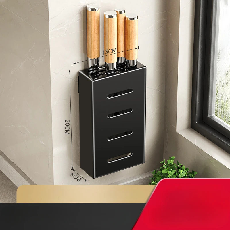Wall-mounted black knife storage box with wooden-handled knives