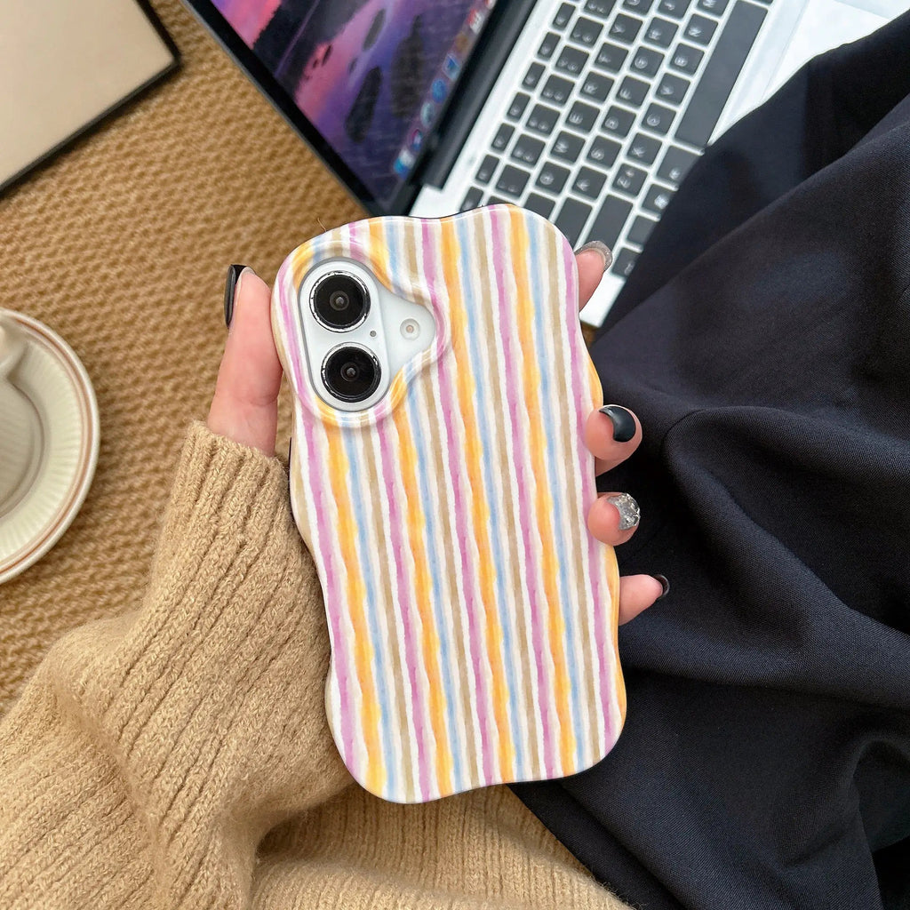 Fashion 2 in 1 Glossy Stripes Phone Case for iPhone 13 14 15 16 Pro Max Wave Edges Comfortable Touch Hard Slim Back Cover Shell beyutihealth