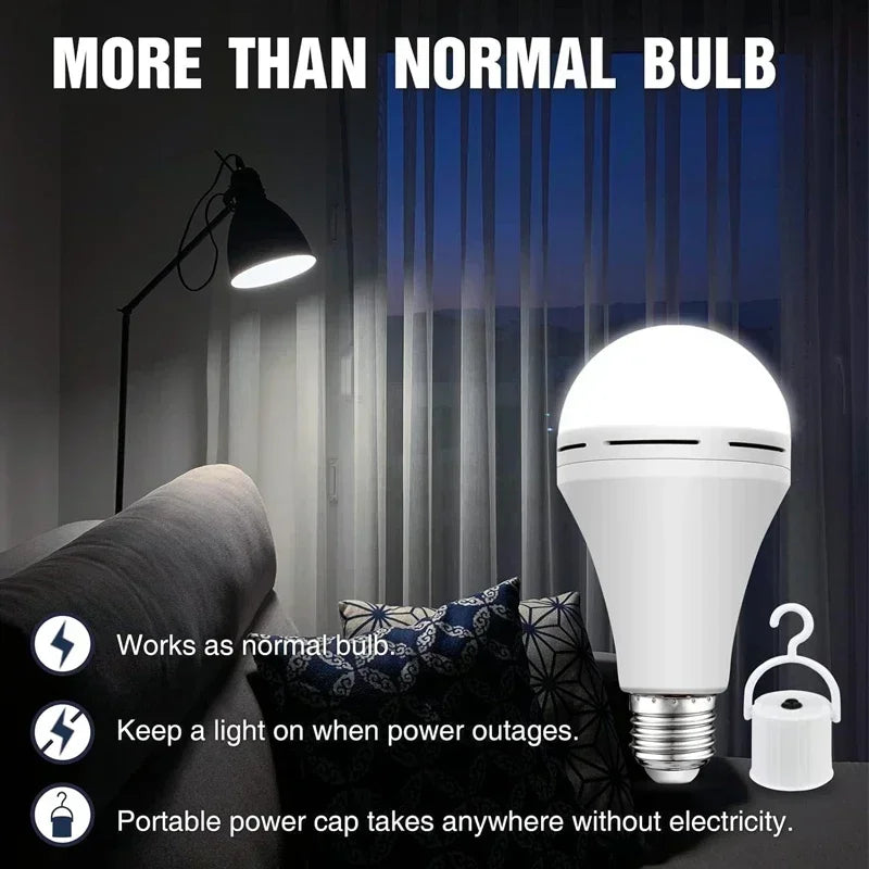 LED bulb illuminating a living room during power outage
