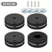 Set of four black aluminum speaker shoes SP4015B with non-slip rubber rings and 3M adhesive pads, ideal for audio equipment vibration isolation.