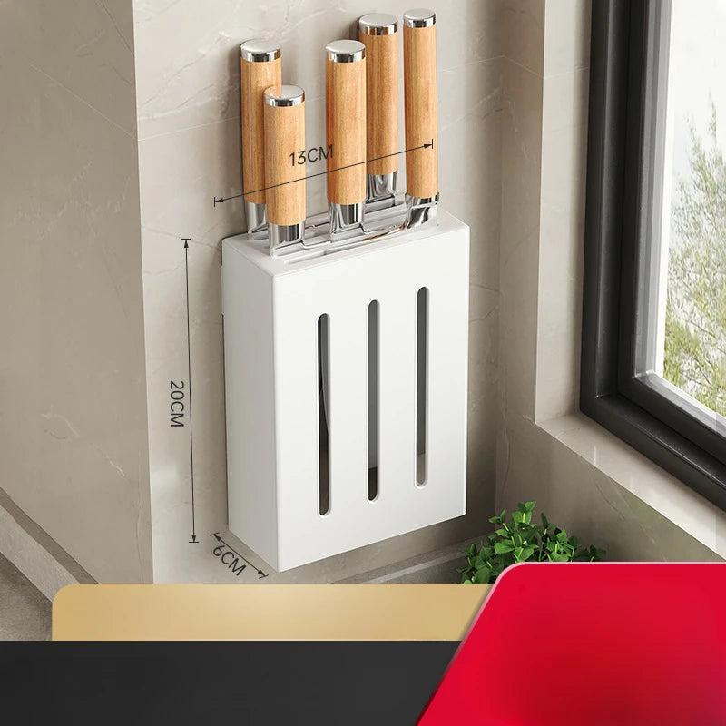 Wall-mounted kitchen knife storage box with wooden knife holder and metal slots
