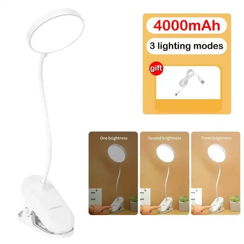 LED table lamp with USB charging, foldable clamp, three brightness modes, eye protection, night light