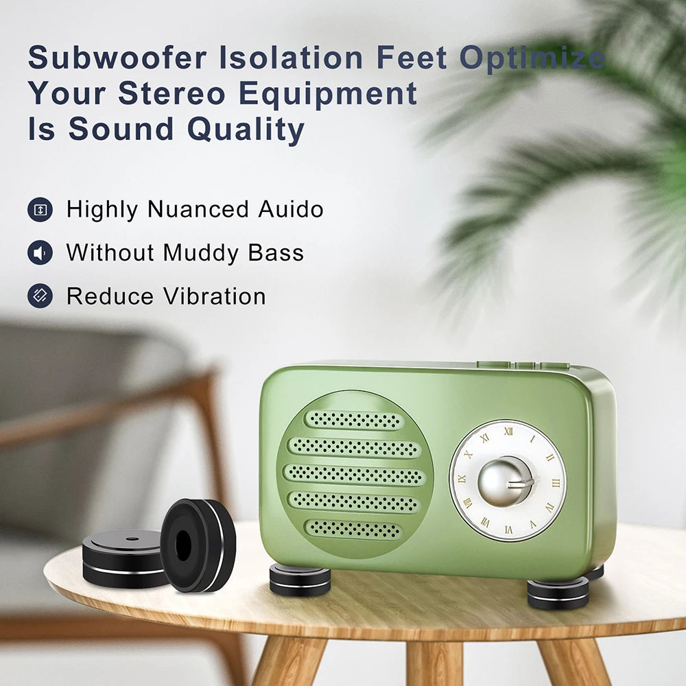 Aluminum speaker isolation feet with non-slip rubber rings supporting a green stereo, enhancing sound quality by reducing vibration and muddy bass.