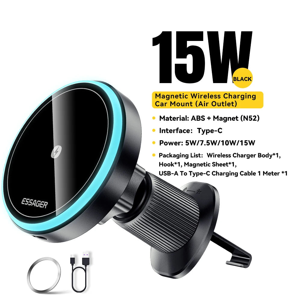 Essager Magnetic Wireless Charger Car Phone Holder 15W RGB Seven Color Light Fast Charging Mount Stand For IPhone15 14 13Android beyutihealth