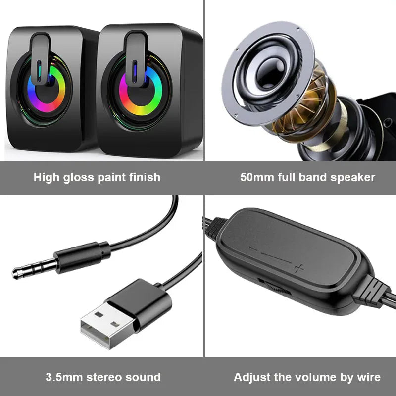 Computer Speakers PC Sound Box HIFI Stereo Microphone USB Wired Caixa De Som with LED Light featuring 50mm full band speaker and volume control.