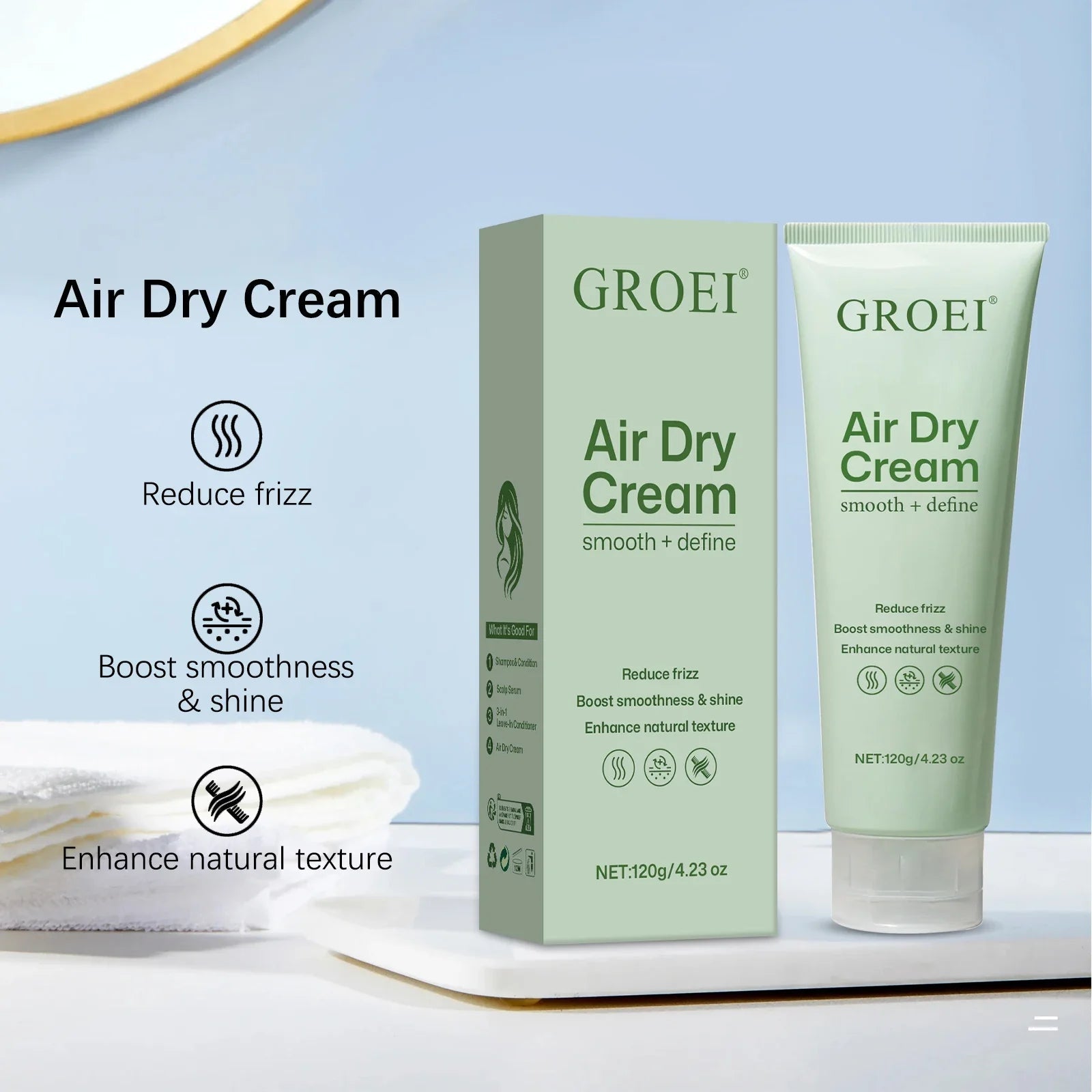 GROEI Air Dry Cream tube and box for hair styling