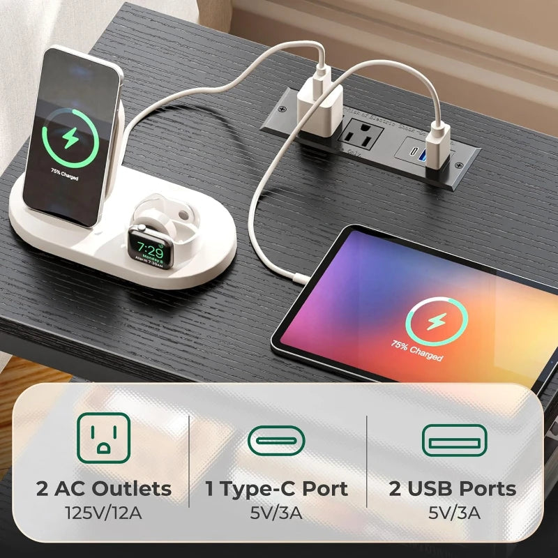 Night Stand Charging Station LED Nightstand Usb Ports Outlets 2 Storage Drawers Small Bedside Table Black Aesthetic Modern Novacare Shop