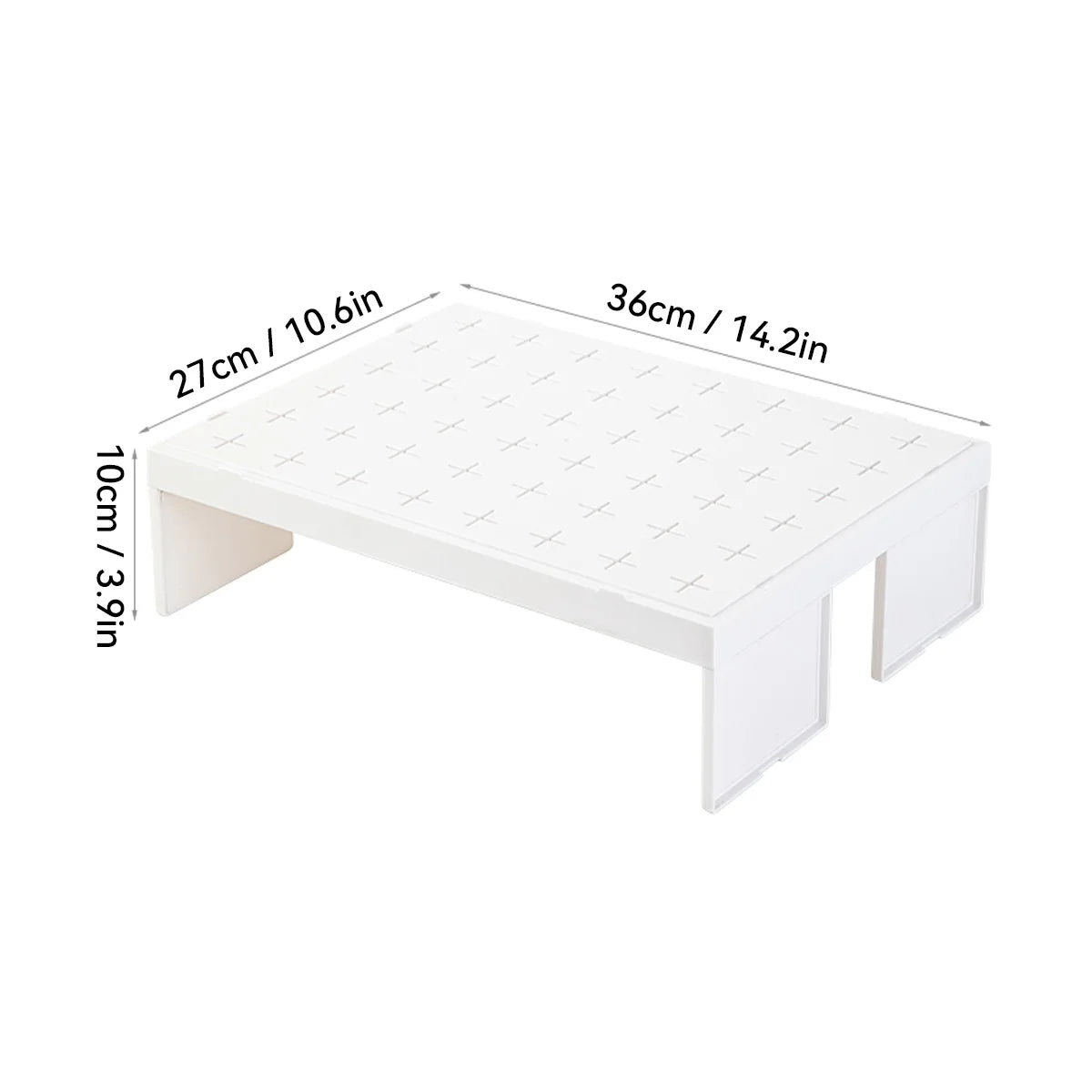 White stackable plastic kitchen storage rack with dimensions