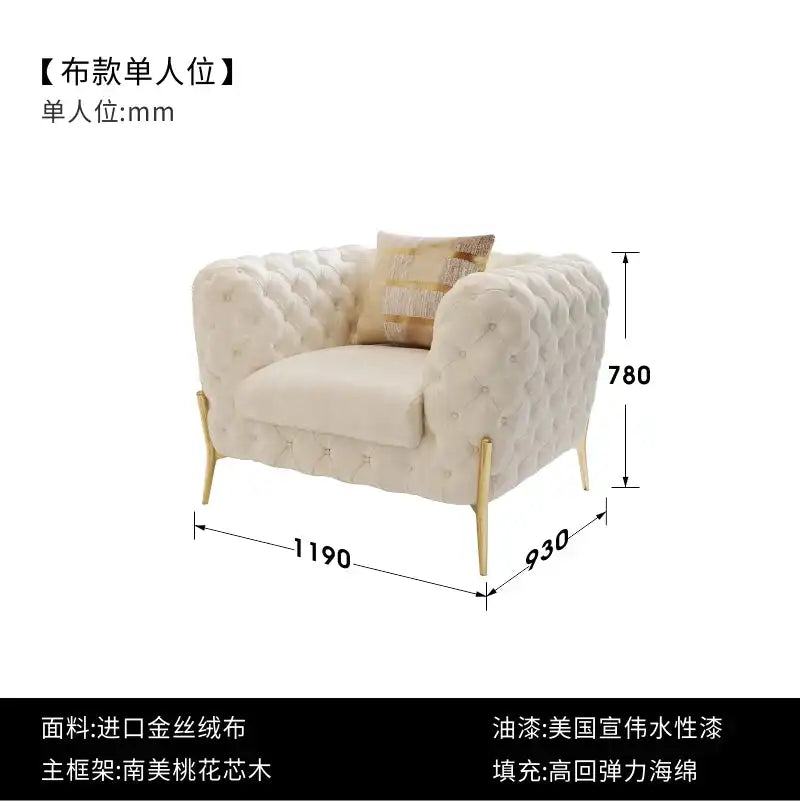 Modern Luxury Leather Sofa with tufted design, gold legs, and plush pillows