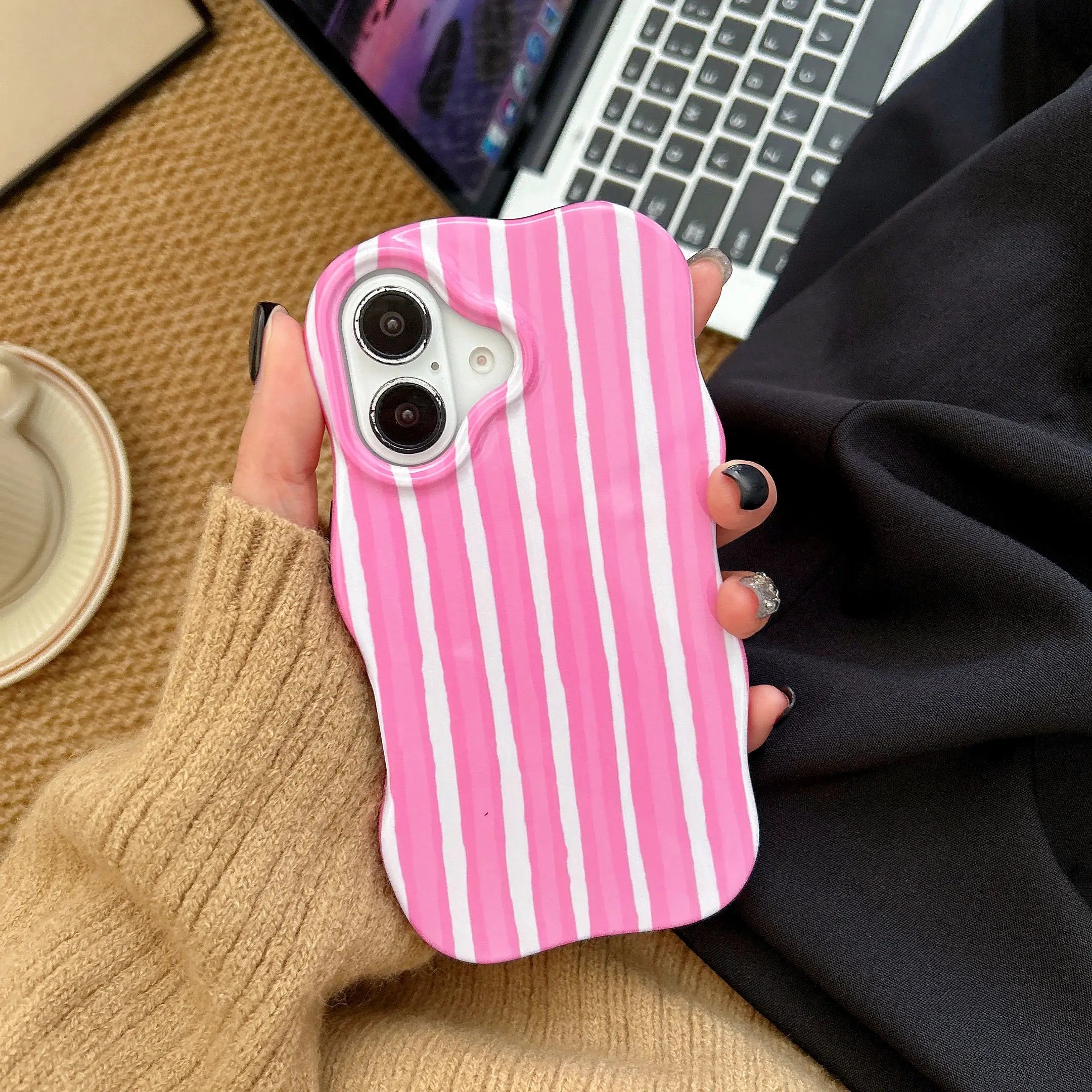 Fashion 2 in 1 Glossy Stripes Phone Case for iPhone 13 14 15 16 Pro Max Wave Edges Comfortable Touch Hard Slim Back Cover Shell beyutihealth