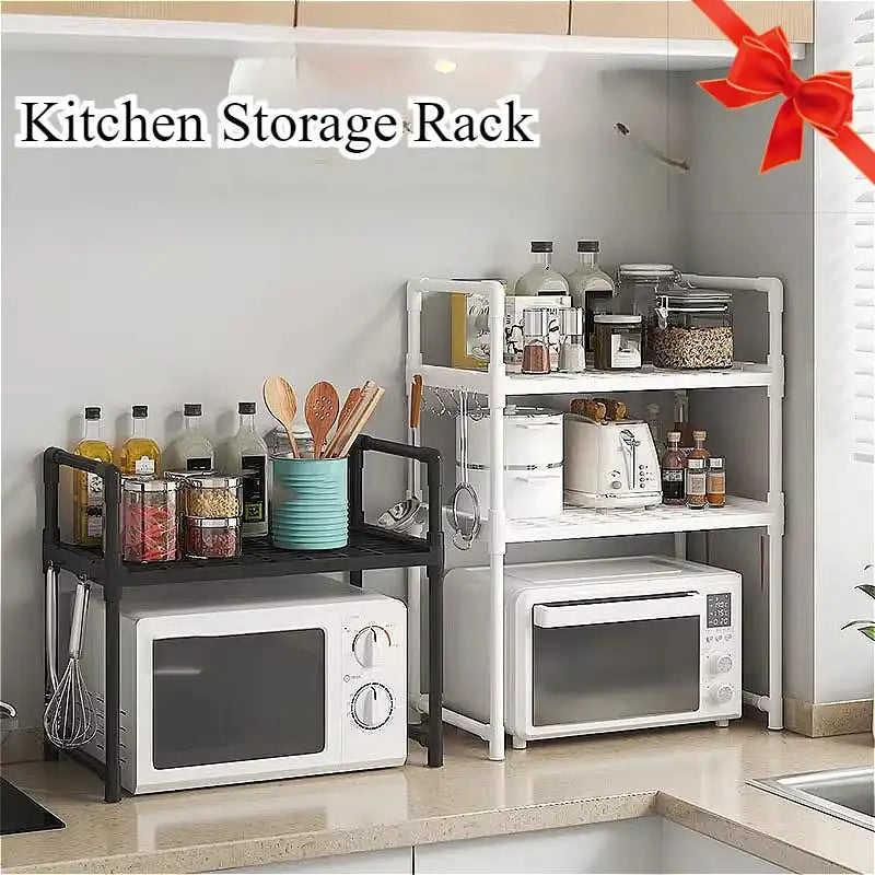 Multi-layer kitchen storage rack with microwave shelf and condiment organizer, ideal for countertop tidying and kitchen accessories display.