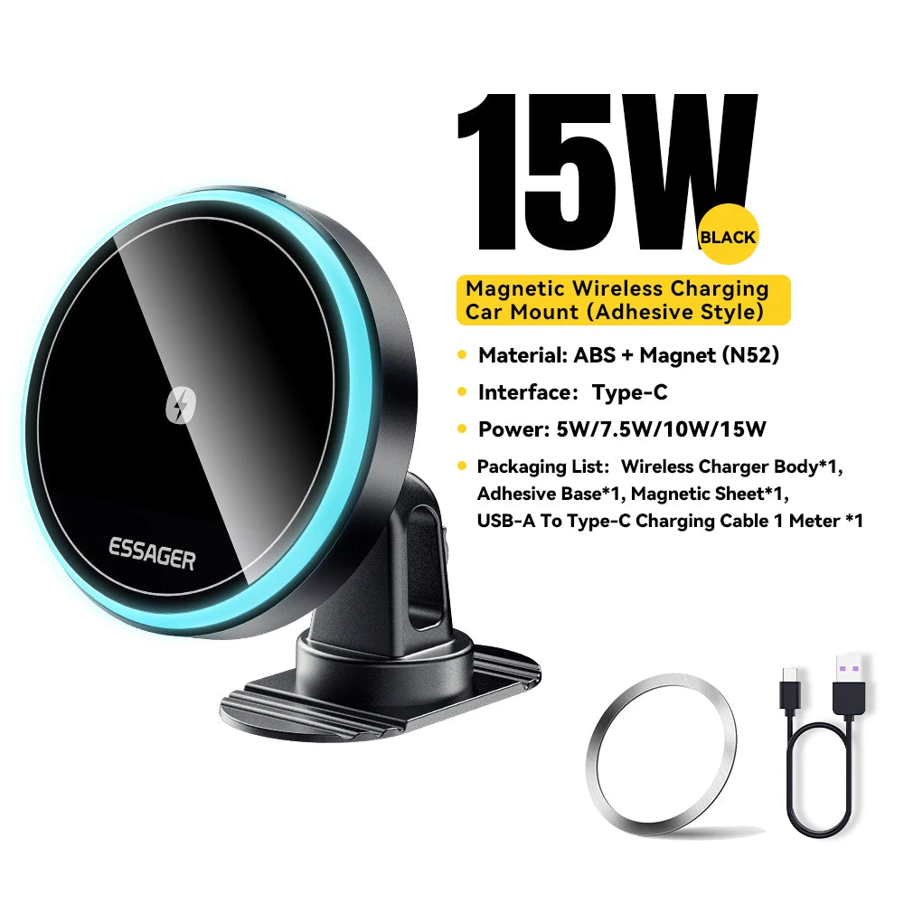 Essager Magnetic Wireless Charger Car Phone Holder 15W RGB Seven Color Light Fast Charging Mount Stand For IPhone15 14 13Android beyutihealth