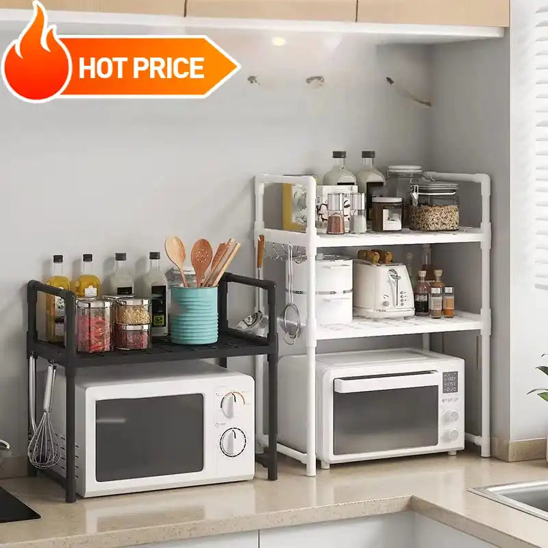 Multi-layer kitchen storage rack with microwave shelf and condiment organizer, ideal for countertop tidying and kitchen accessories display.