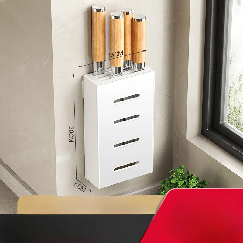 Wall-mounted knife storage box with wooden knife holder, kitchen accessories organizer