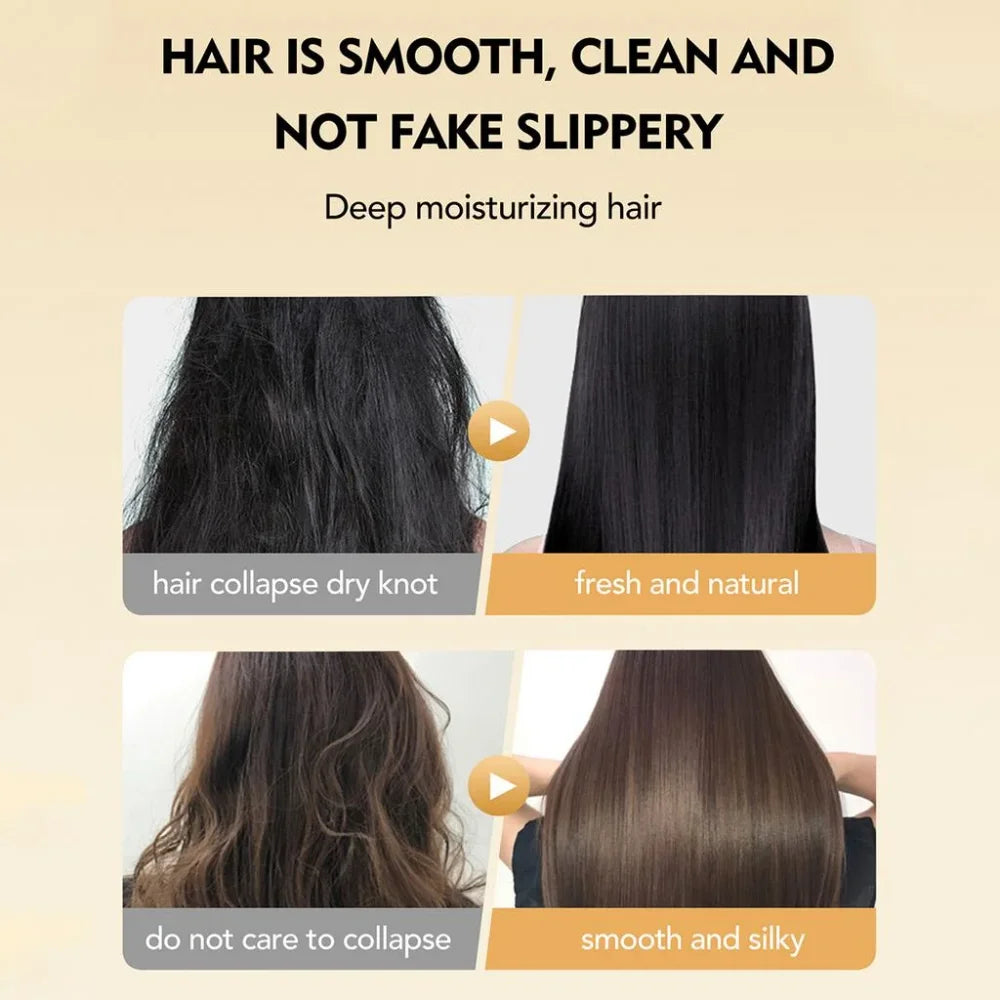 Hair transformation showing dry, frizzy hair to smooth, shiny hair