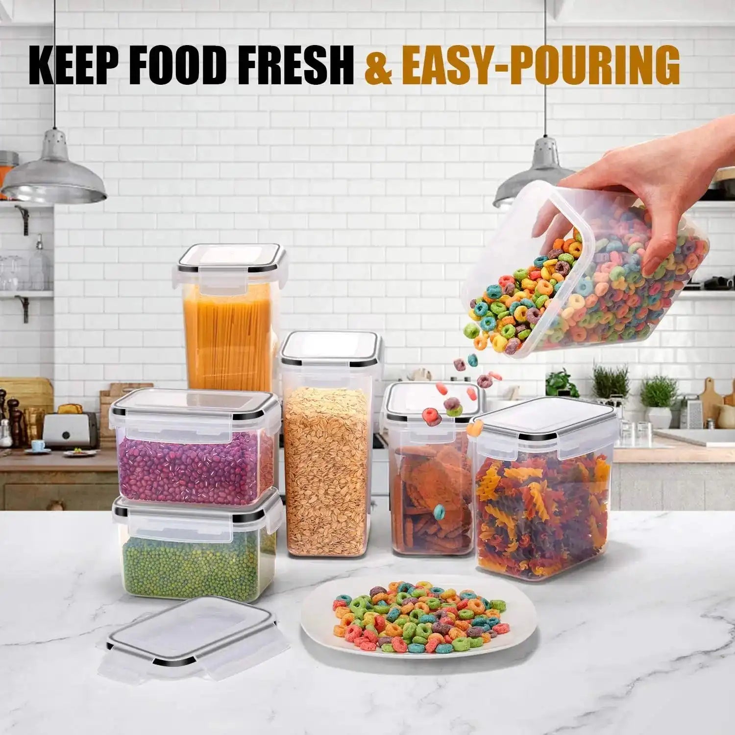 BPA Free Plastic Food Storage Containers Set in a modern kitchen with airtight lids