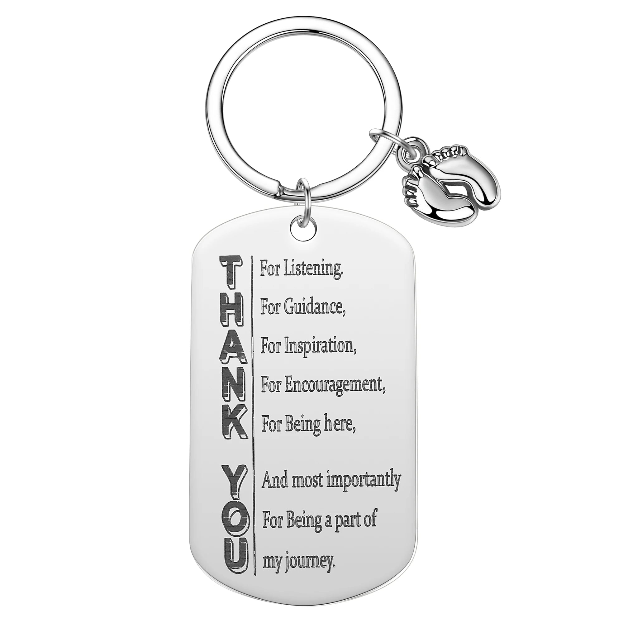 Stainless steel Thank You keyring with heartfelt engraved words, ideal unisex gift for guidance and inspiration.