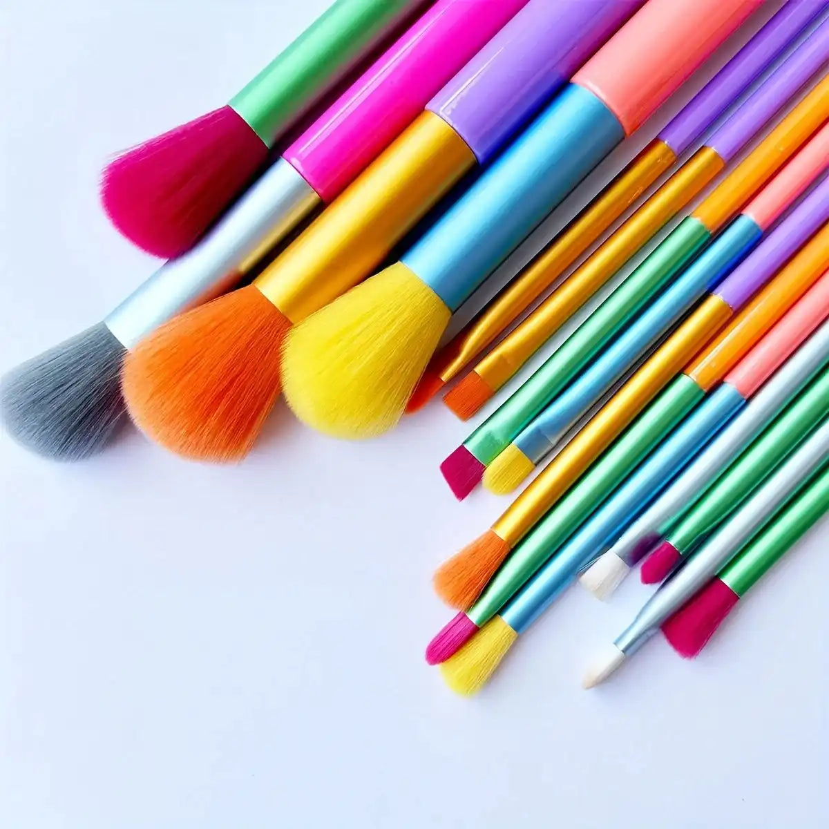 Vibrant 15-piece Colourful Makeup Brush Kit featuring soft wool fiber bristles for contouring, concealers, and eye makeup application.