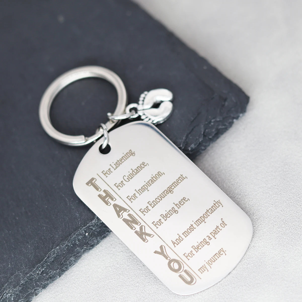 Thank You keychain gift with engraved message on stainless steel tag, perfect for best friend or mentor appreciation.