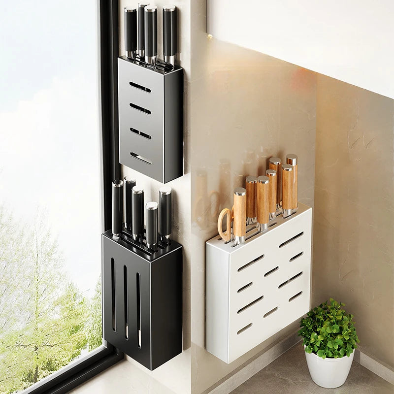 Wall-mounted knife storage box with black and silver design for kitchen organization