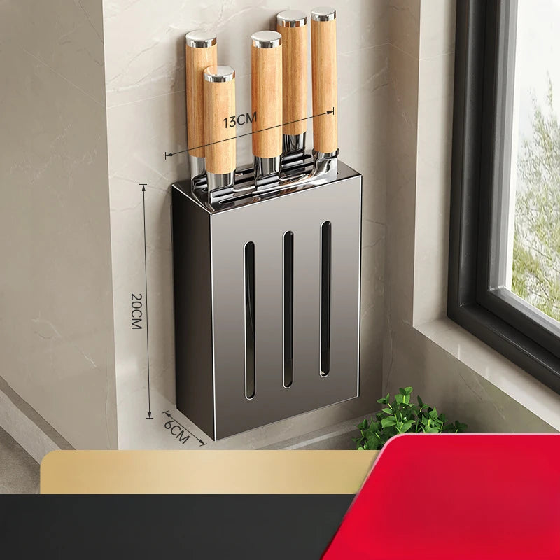 Wall-mounted stainless steel knife storage box with wooden knife holder for kitchen organization