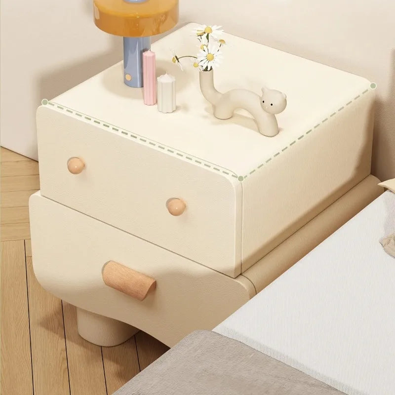 Top view of solid wood nightstand with decor