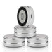 Silver aluminum speaker shoes with non-slip rubber rings, designed to reduce vibration and enhance sound quality in audio equipment setups.