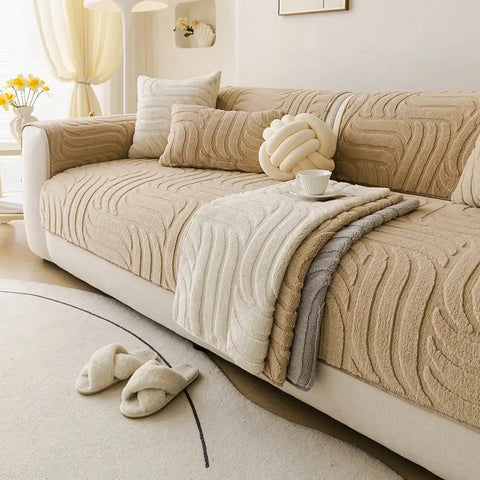 Cozy plush sofa cushion protector in beige