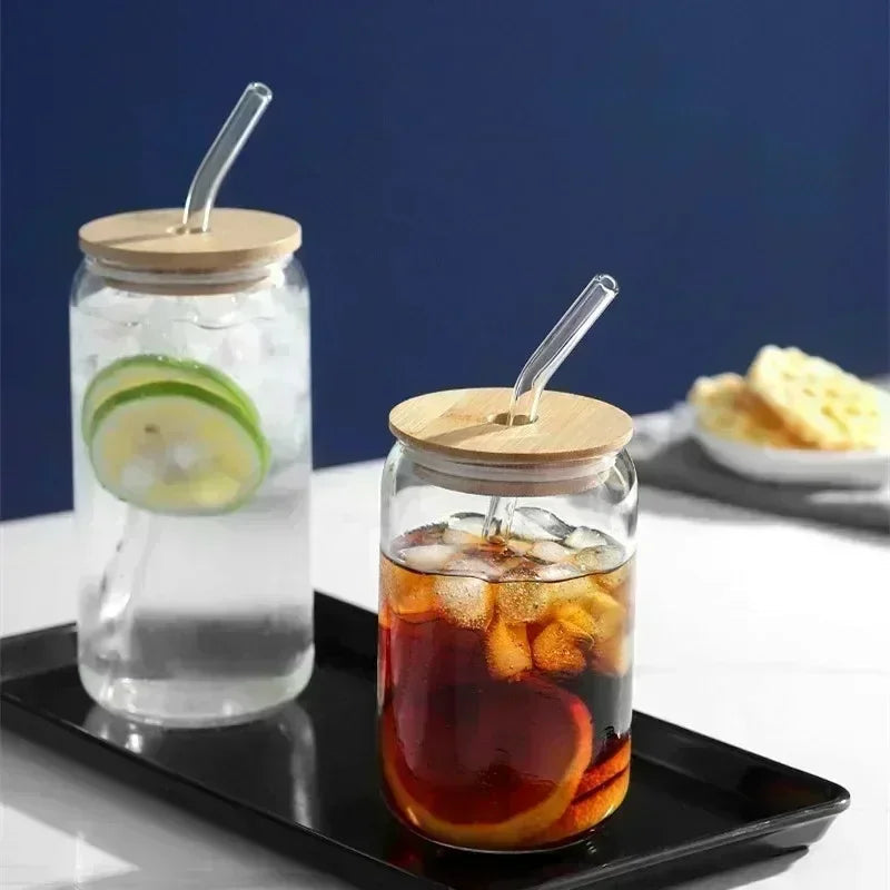 350ml/550ml Glass Cup Cola Cold Drink Water Cup with Bamboo Lid Coffee Milk Juice Straw Mug Beer Can Drink Home Breakfast Cup beyutihealth
