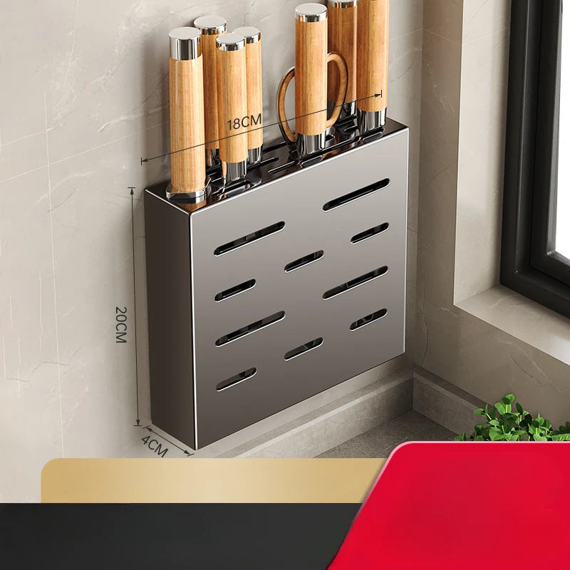 Wall-mounted stainless steel knife storage box with slots for kitchen knives and wooden knife holders