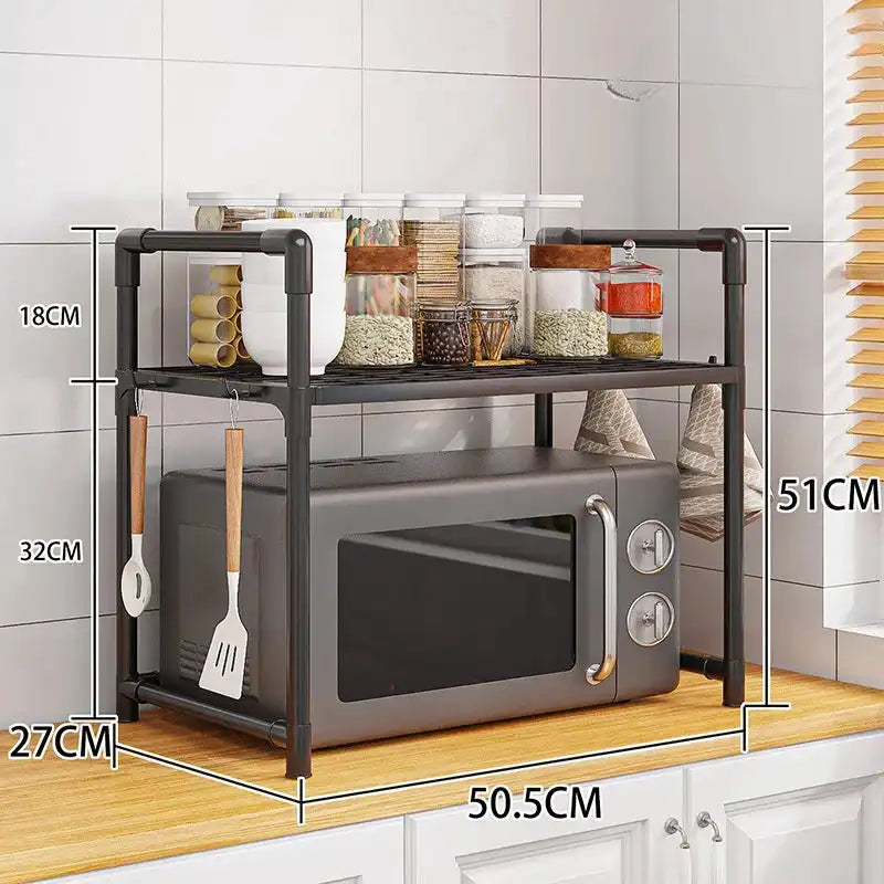 Multi-layer kitchen storage rack with microwave shelf and condiment organizer, ideal for countertop tidying and kitchen accessories display.