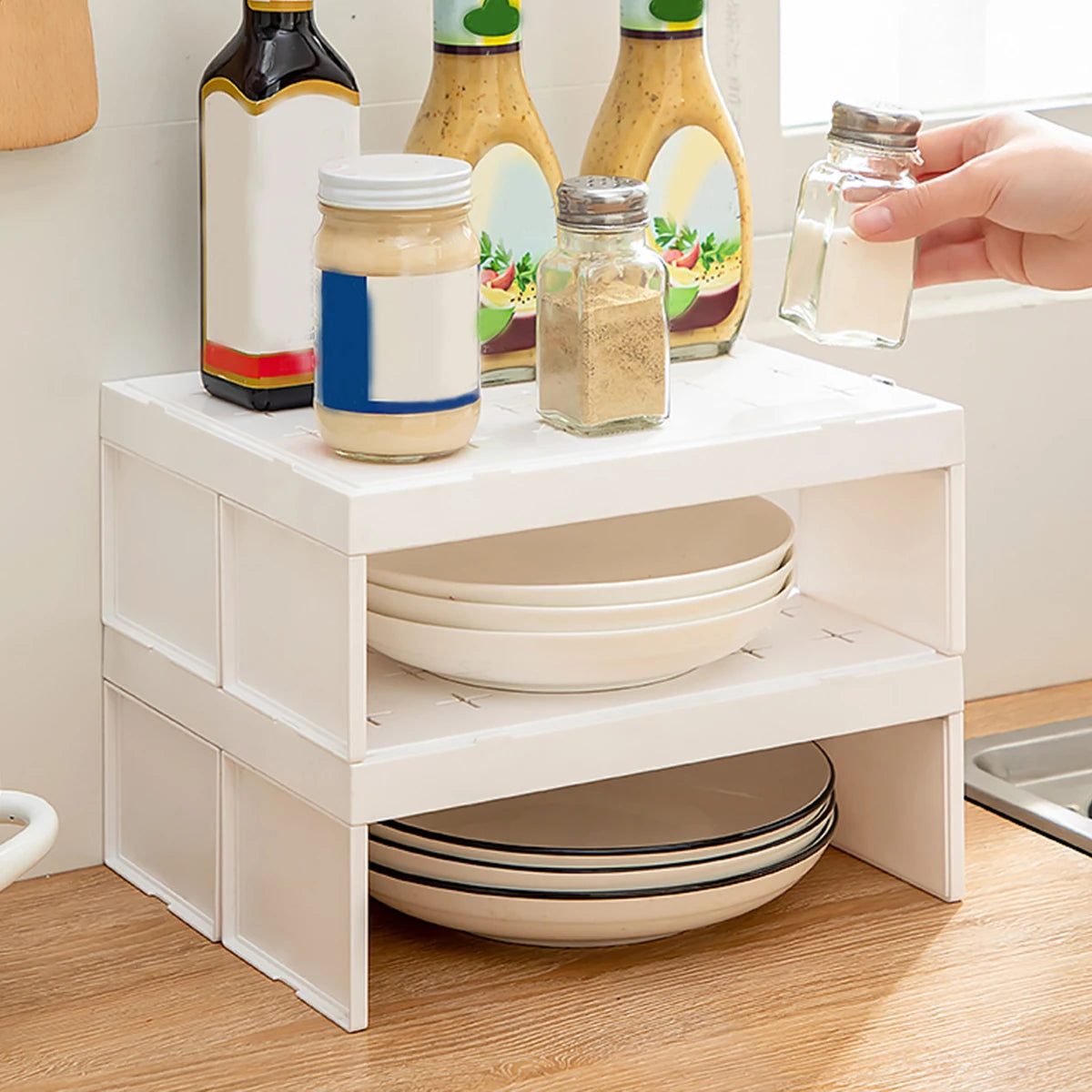 Kitchen cabinet organizer multifunctional stackable plastic storage rack for dishes and cups