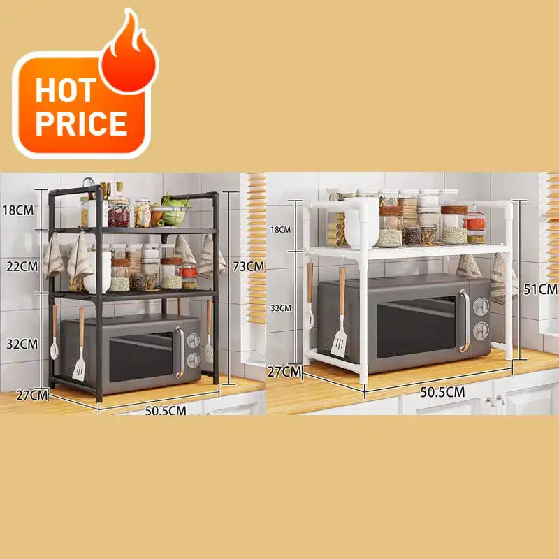 Multi-layer kitchen storage rack with microwave shelf and condiment organizer, ideal for countertop tidying and kitchen accessories display.
