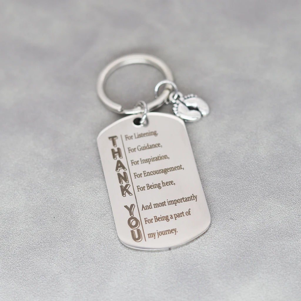 Stainless steel Thank You Keychain Gift For Listening For Guidance For Inspiratio featuring engraved appreciation message and trendy keyring design.