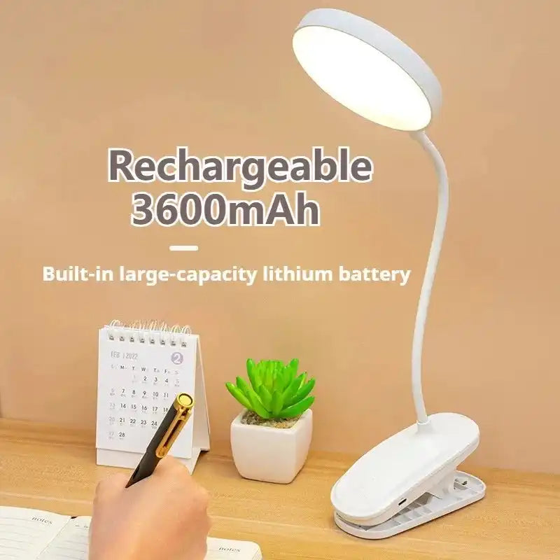 LED table lamp with rechargeable 3600mAh lithium battery, foldable clamp, study stand, touch control, 3 dimming modes, eye protection light