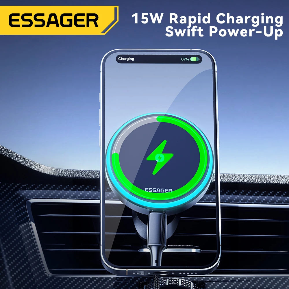 Essager Magnetic Wireless Charger Car Phone Holder 15W RGB Seven Color Light Fast Charging Mount Stand For IPhone15 14 13Android beyutihealth