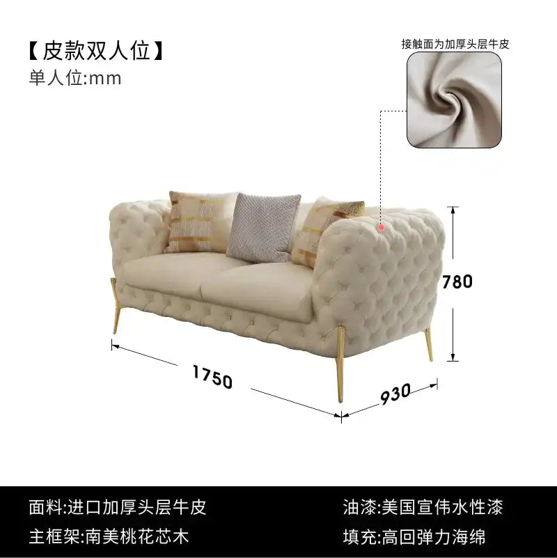 Modern Luxury Leather Sofa with tufted design, gold legs, and plush pillows
