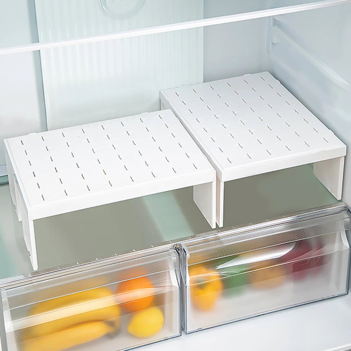 Stackable refrigerator plastic storage racks for kitchen organization